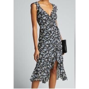 Veronica Beard Amal Faux Wrap Midi Dress Black Multi Floral 100% Silk Size 10